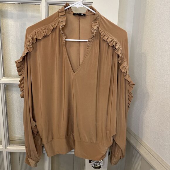 EXPRESS Rust Ruffle Accent Blouse Womens S Western V Neck Dolman Sleeve - Picture 7 of 10